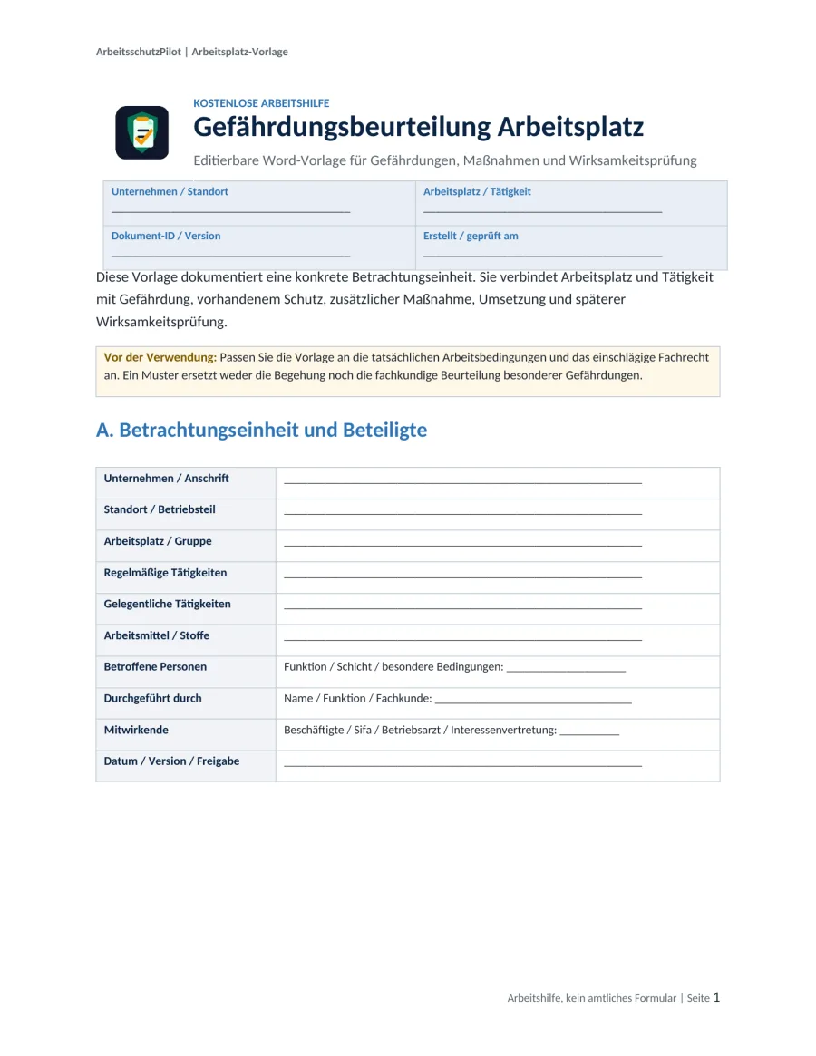 Vorschau der Gefährdungsbeurteilung Arbeitsplatz Vorlage mit Stammdaten, Tätigkeiten und Maßnahmenfeldern