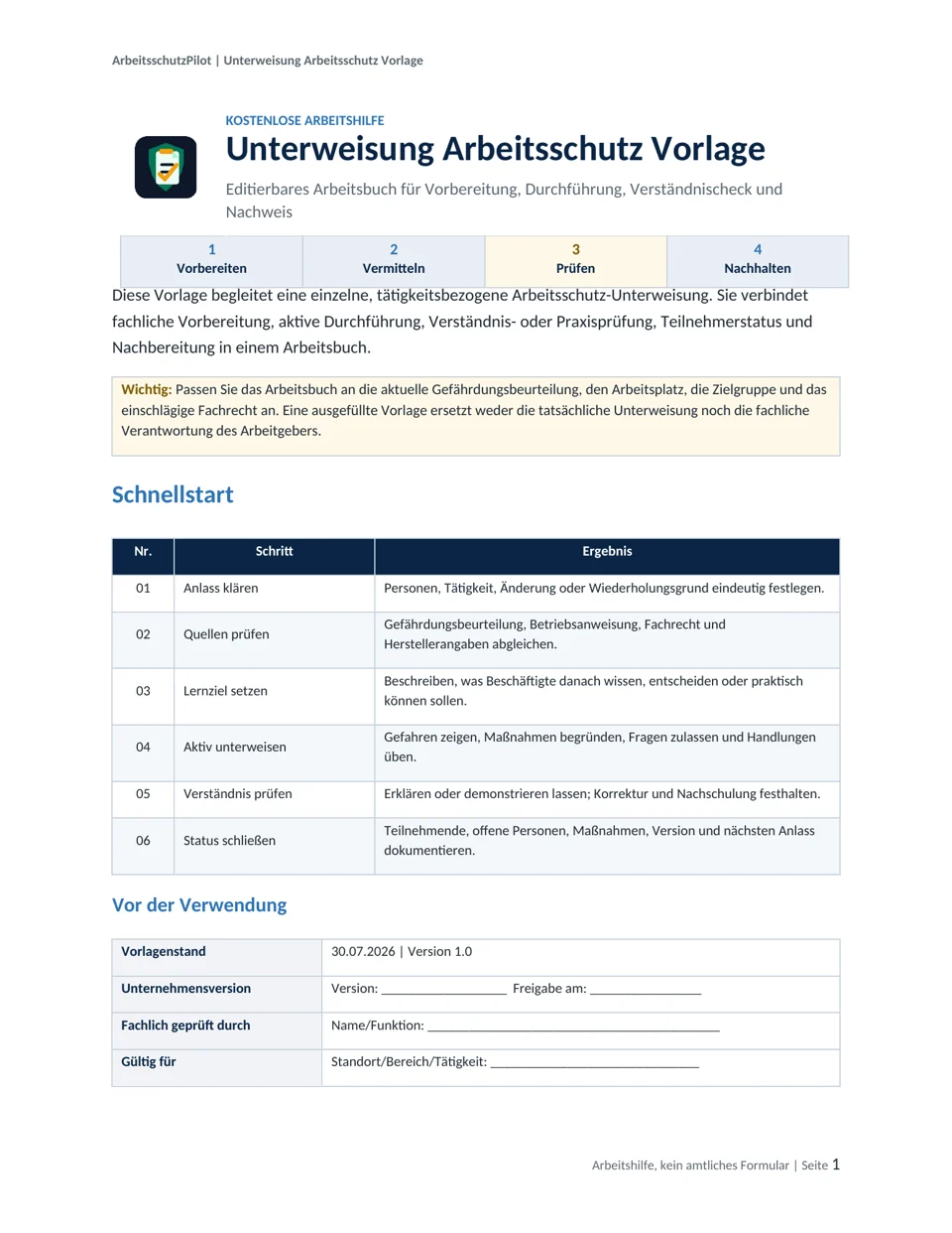 Vorschau der Unterweisung Arbeitsschutz Vorlage mit Schnellstart, Formularfeldern und Prüfschritten