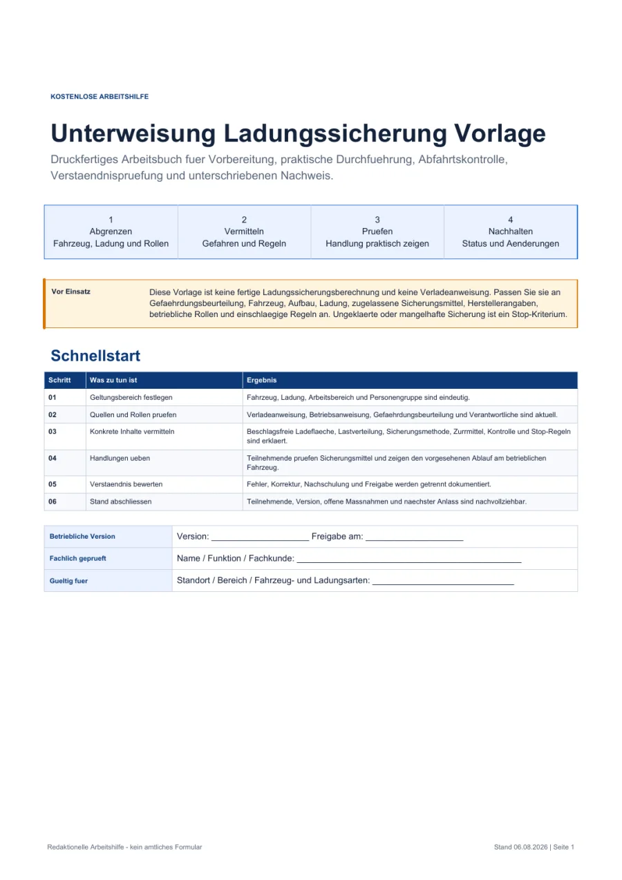 Vorschau der kostenlosen Unterweisung Ladungssicherung Vorlage mit Schnellstart und Dokumentenlenkung
