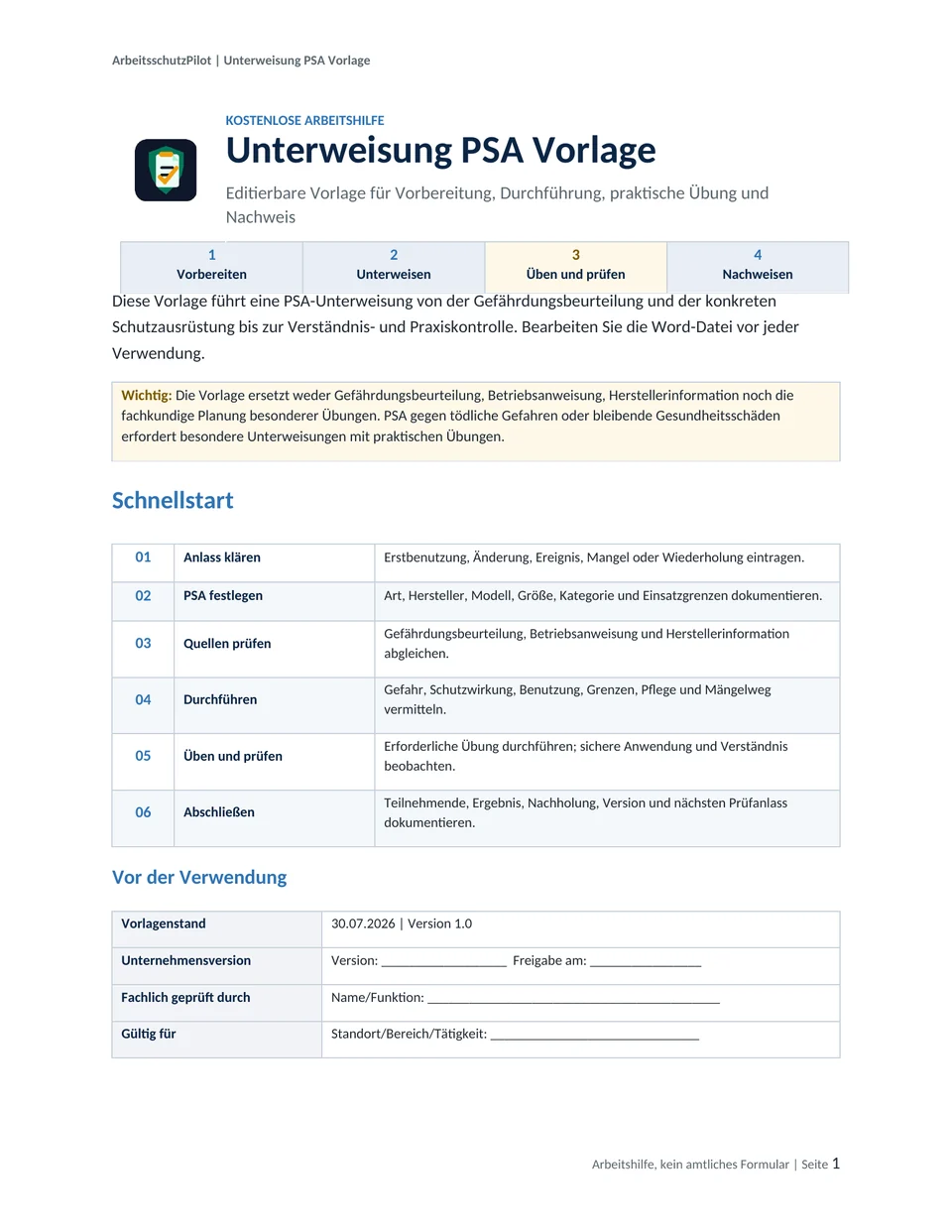 Vorschau der kostenlosen Unterweisung PSA Vorlage mit Schnellstart und Dokumentenlenkung
